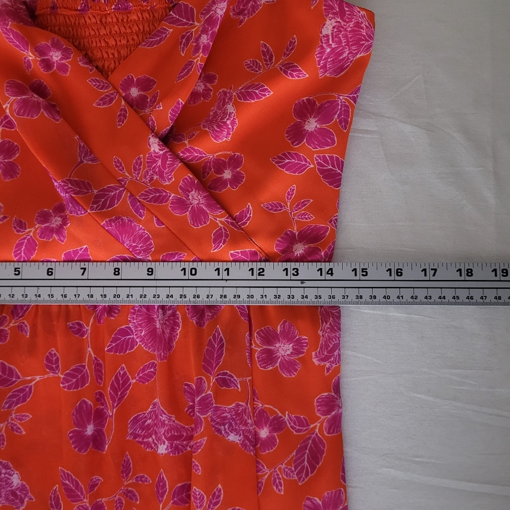 Eliza J Med Orange Floral Asymmetrical Midi Strappy Dress Smocked Tie Flowy - Picture 9 of 10